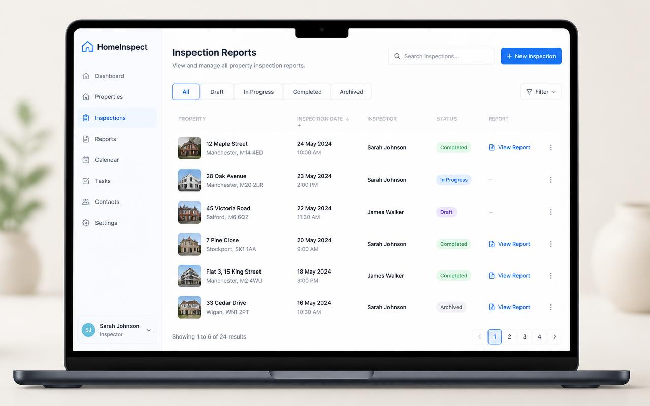 Master Your Inventory dashboard listing property inspection reports with status tags